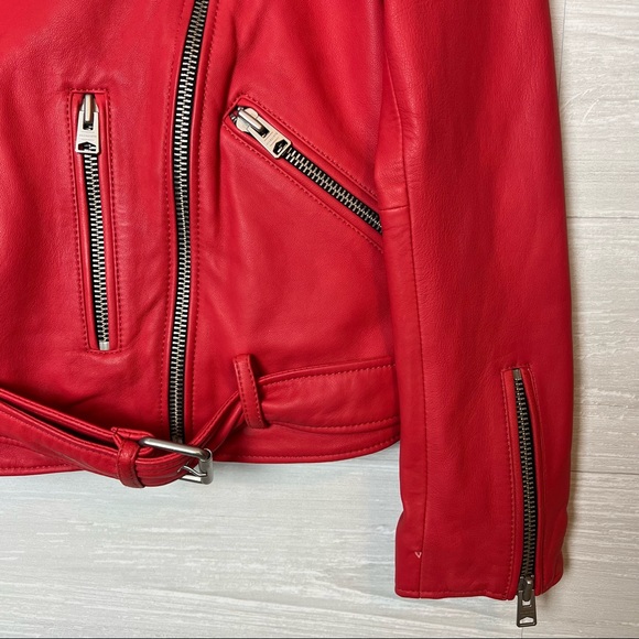 AllSaints Balfern Belted Coral Red Leather Biker Jacket Size 6 - Picture 10 of 16